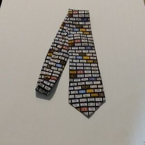 License Plate Men's Silk Tie, fun print, multi color, made in USA,  pre-owned.